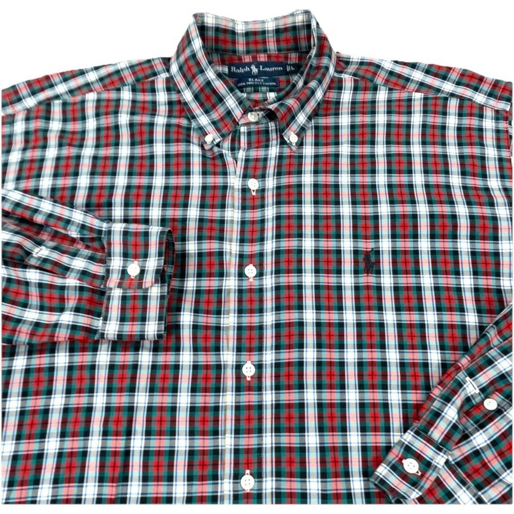 Ralph Lauren Shirt Men Large Red Blue‎ Button Up Windowpane Plaid Blake Two Ply